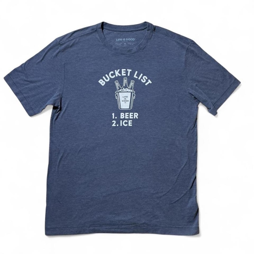 Life is Good Mens T Shirt Medium Bucket List Beer Ice Graphic Tee Blue Cool Tee‎